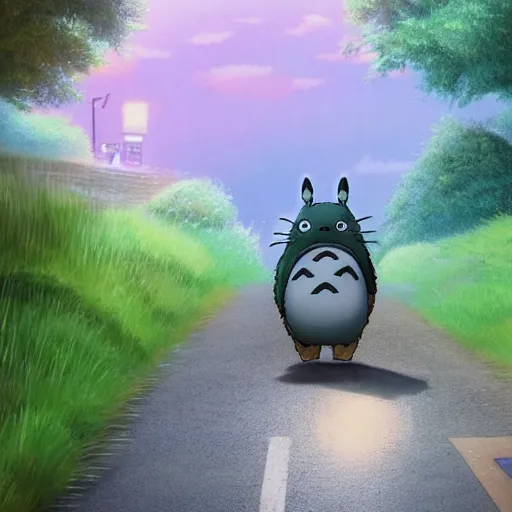 Prompt: photo of my neighbor Totoro walking down the street, realistic, high detail, beautiful lighting, 8k,