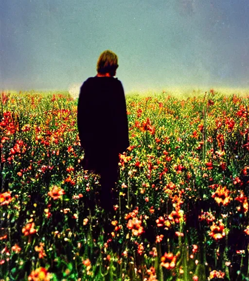 Image similar to mystical death god standing in tall meadow of flowers, distant, vintage film photo, grainy, high detail, high resolution