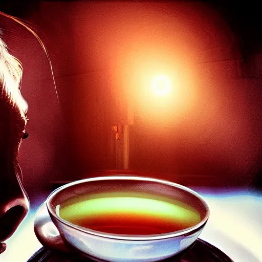 Image similar to stunning award winning hyperrealistic hdr 8 k highly detailed portrait photo of glados drinking tea