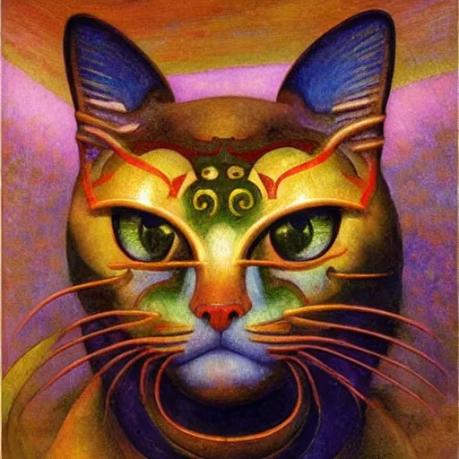 Prompt: masterpiece painting of a mechanical cloisonne cat head sculpture, by annie swynnerton and and diego rivera and nicholas roerich and jean delville, spacecat, symbolist, dramatic lighting, god rays, art brut, rich colors, smooth, sharp focus, extremely detailed, adolf wolfli and ( donato giancola and bilibin )