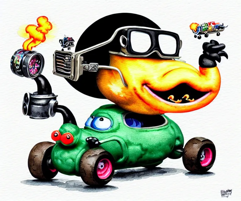 Image similar to cute and funny, black chicken wearing goggles driving a tiny hot rod with an oversized engine, ratfink style by ed roth, centered award winning watercolor pen illustration, isometric illustration by chihiro iwasaki, edited by craola, tiny details by artgerm and watercolor girl, symmetrically isometrically centered