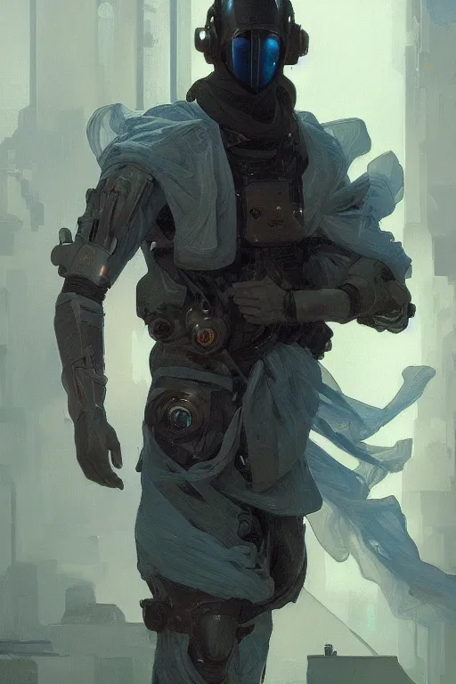 Image similar to a full body portrait oil painting illustration of an arabic man by justin sweet and greg rutkowski and alphonse mucha with face and body clearly visible, techwear, futuristic, cyberpunk, artstation trending, high quality, sombre mood, artstation trending, abstract colours, no crop, entire character!,