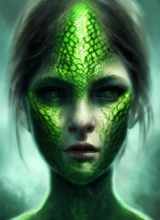 Prompt: portrait of a ominous girl, perfect green eyes, detailed reptile skin, ultra realistic, cinematic lighting, depth of field, artstation, Seb McKinnon