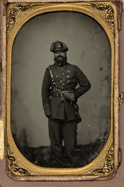 Image similar to a tintype photograph of bigfoot as a soldier in the civil war, posing with his rifle