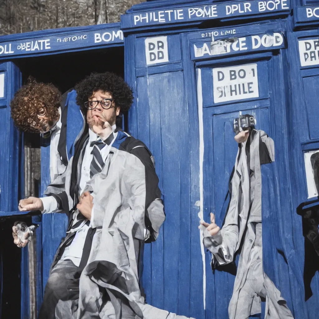 Image similar to A dslr portrait of Richard Ayoade as the Doctor, posing alone in front of Tardis, high quality 35mm film