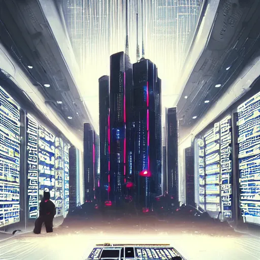 Image similar to professional painting of tiny people praying to monumental conscious supercomputer with huge - cybernetic - face!!!! in the center of endless colossal server room, trending on artstation, cyberpunk, sci - fi, futuristic, by greg rutkowski and maciej kuciara, high quality