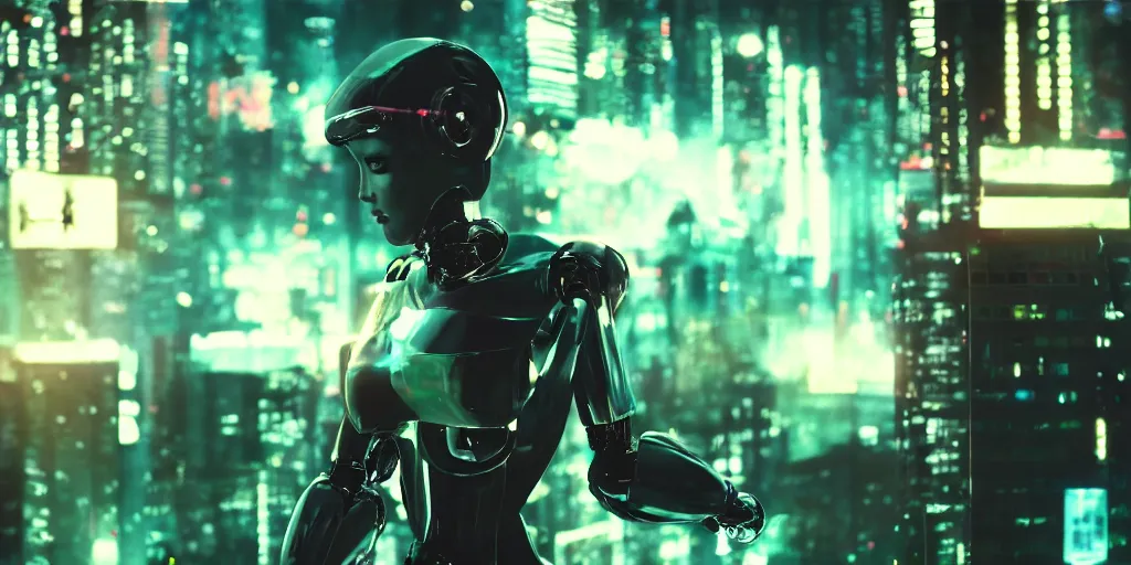 Prompt: Cyberpunk android chrome Robot dramatic movie scene with dynamic movement and motion blur and bokeh, shot on imax, cinematic scene, cinematographic composition, CineStill 800T Film