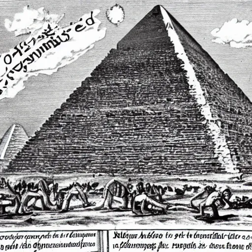 Image similar to an old journal page with a rich illustration of aliens building the Great Pyramid of Giza