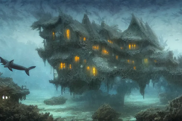 Image similar to submerged underwater!!!! on the ocean floor, a typical european house with a slate roof, coral reef, school of fishes, shark, scenic view, atmospheric blue tonality matte painting by christophe vacher and hubert robert, trending on artstation