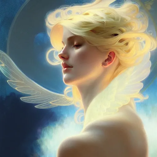 Image similar to Angel girl with blonde hair and glowing halo, wings, fantasy, intricate, elegant, highly detailed, digital painting, artstation, concept art, smooth, sharp focus, illustration, art by Krenz Cushart and Artem Demura and alphonse mucha