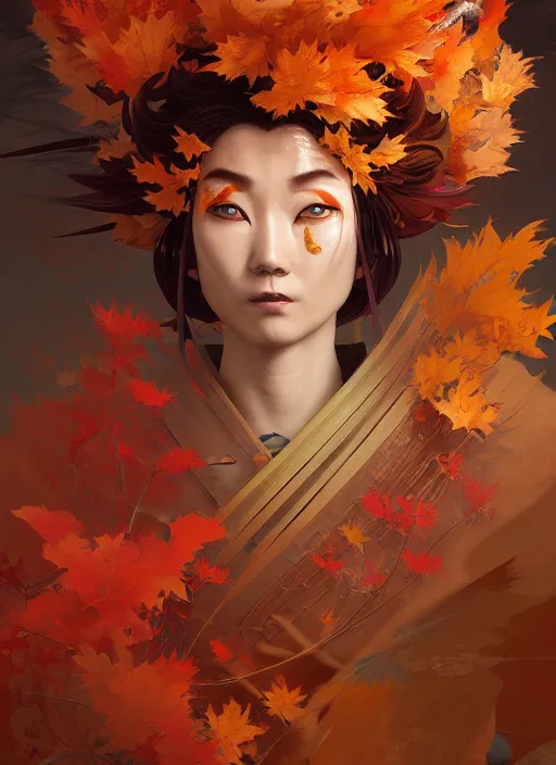 Image similar to tengu in autumn color kimono with art nouveau swirls, subsurface scattering, by jesper ejsing, justin gerard, tomasz alen kopera, cgsociety and fenghua zhong, highly detailed, rim light, cinematic lighting, illustration, art, octane render, very coherent, cinematic, hyper realism, high detail, octane render, 8 k