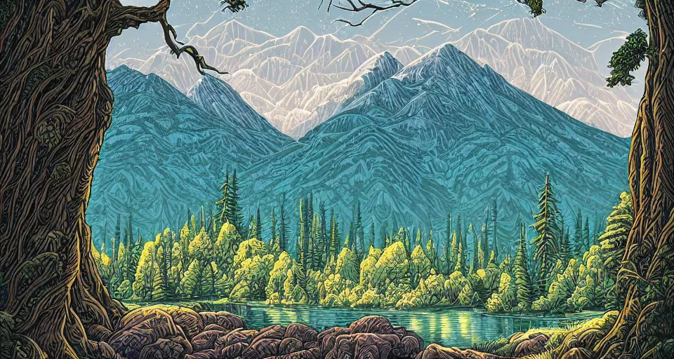 Image similar to a beautiful landscape with trees and mountains, by dan mumford