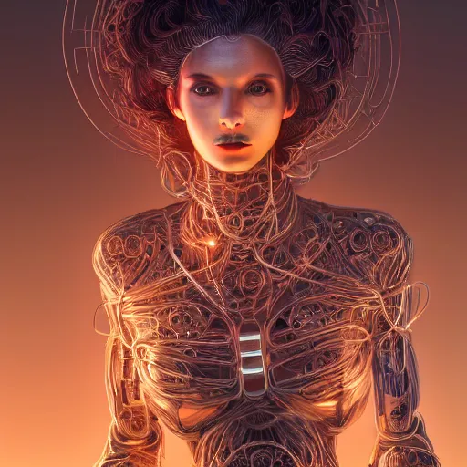 Image similar to woman integrating with technology, full face, detailed intricate ornate cables connected to head, luscious hair, big open electric eyes, luxurious detailed abundent wiring and implants, sci-fi, neon, detailed technology full background, highly detailed, Rene Lalique and Eddie Mendoza