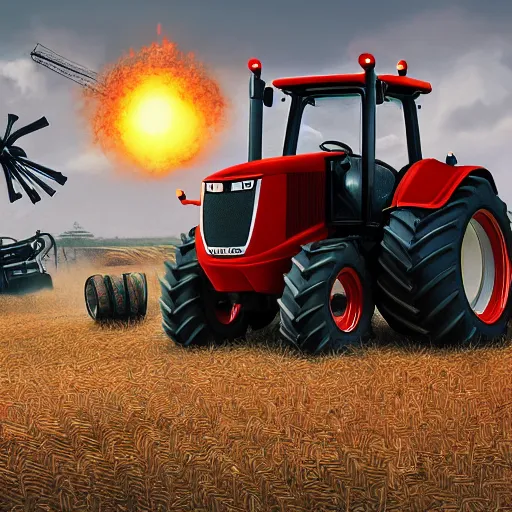 Prompt: farm tractors revolution, robots revolution, angry bots, matte painting, digital art, trending on artstation, high quality