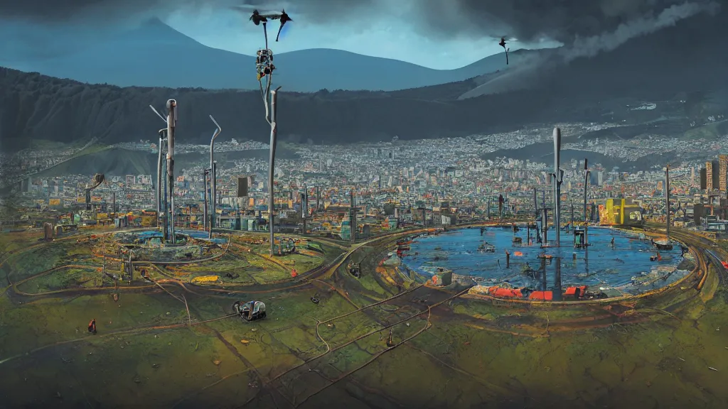 Prompt: Nuclear Nature Solarpunk harmony; Drone shots of Quito, Ecuador; by Simon Stålenhag, oil on canvas; Art Direction by James Cameron; 4K, 8K; Ultra-Realistic Depth Shading