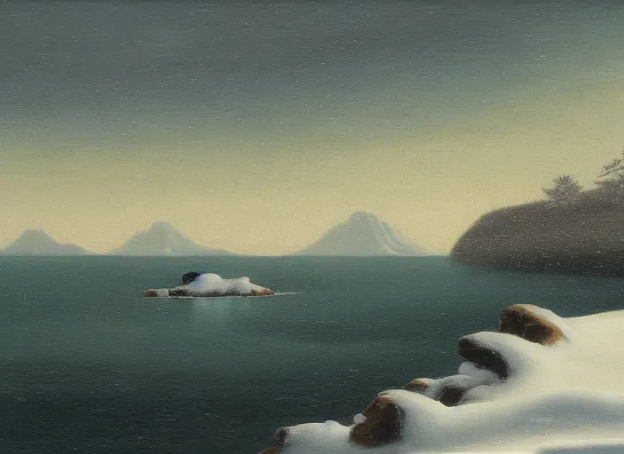 Image similar to the coast of hokkaido in winter, japan in the style of hudson river school of art, oil on canvas