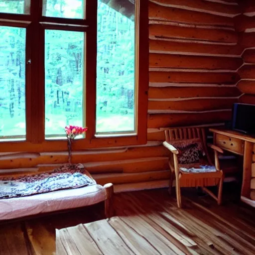Prompt: “inside log cabin room”