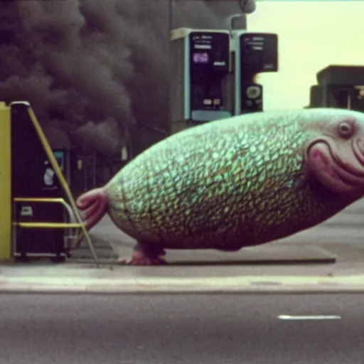 Image similar to a blobfish kaiju trashing a petrol station, cinematic, 35mm VHS copy film grain directed by David Lynch