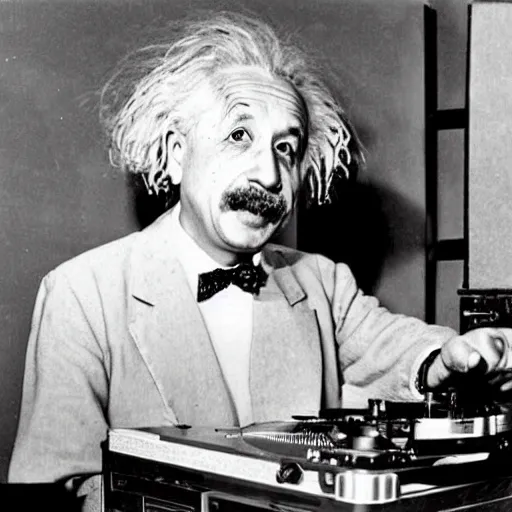 Prompt: photo of Albert Einstein DJing a record player, vintage, highly detailed facial features
