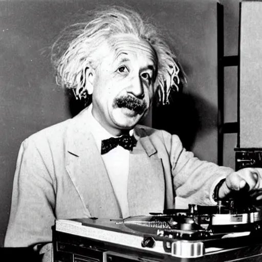 Image similar to photo of Albert Einstein DJing a record player, vintage, highly detailed facial features