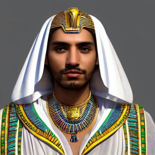 Image similar to a man in egyptian clothing wearing rings and jewlery on his neck, 8k resolution, serene, photorealistic, digital art, hyperdetailed, Unreal Engine, dynamic lighting, ultra detailed, trending on art station, concept art, stunning visuals, extreme detail