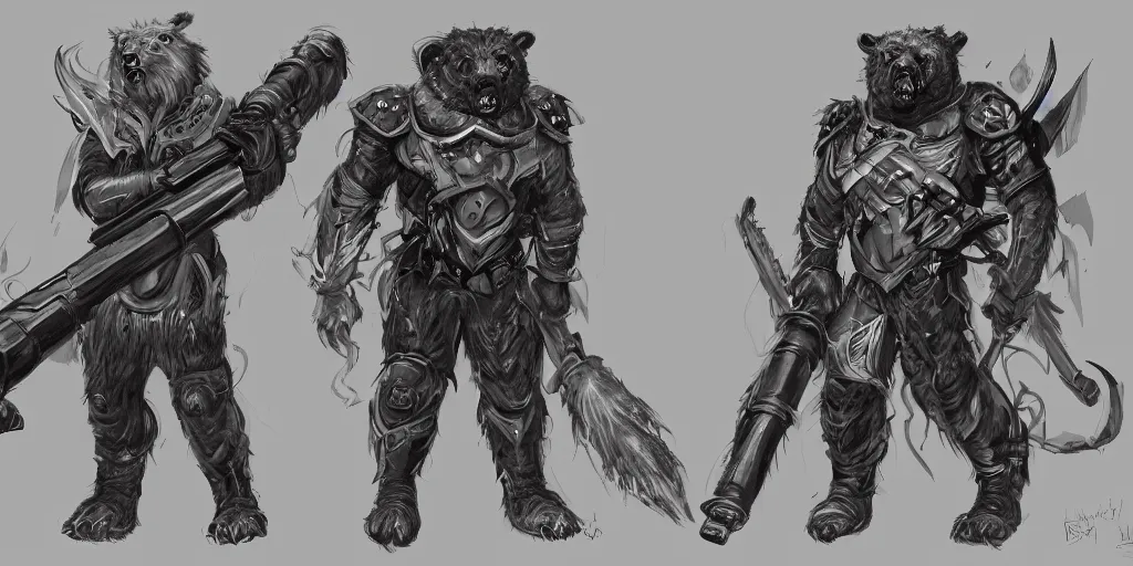 Image similar to concept art of a high fantasy bear beast-man space soldier using a bazooka trending on artstation, detailed high resolution