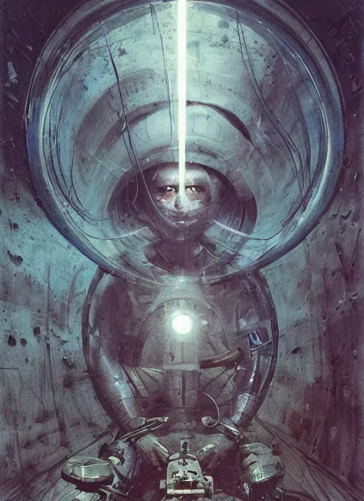 Prompt: portrat soviet cosmonavt on bike in the dirty cave, moscow metro, space travel, art by beksinski and stephan martiniere, japan poster, fatal, singularity, cold