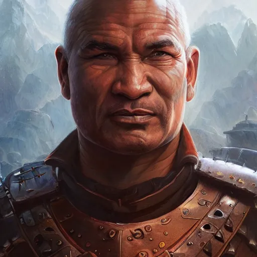 Image similar to warrior, temuera morrison, D&D, fantasy, portrait, highly detailed, digital painting, trending on artstation, concept art, sharp focus, illustration, art by artgerm and greg rutkowski and magali villeneuve