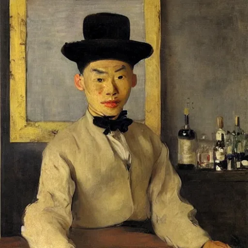 Prompt: portrait of a male chinese robot bartender by edouard manet