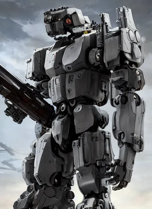 Image similar to full body shot of a mech soldier holstering his rifle, Art Station, cinematic, 8k, Pinterest, cgsociety, hyper detailed, ultra realistic, epic, high resolution, post processing, high quality, sci fi, robot, sharp, 4k UHD, realistic, intricate, menacing, masterpiece, Deviant Art, Trending on Artstation, Unreal Engine 4k, metallic, ray tracing, art by Yi Yang artstation + StTheo + Alan Van Ryzin,