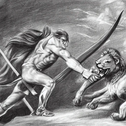 Prompt: hero fighting against a lion in the middle of an arena, crowd of people, pencil art, added detail, high definiton