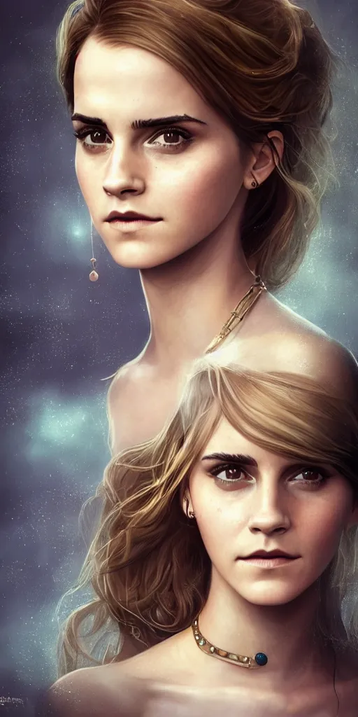 Image similar to realistic character concept, emma watson with lots of jewelry in the face, elegant pose, scifi, illustration, slender symmetrical face and body, artstation, cinematic lighting, hyperdetailed, cgsociety, 8 k, high resolution, charlie bowater, tom bagshaw, single face, insanely detailed and intricate, beautiful, elegant, golden ratio, dark fractal background, vfx, postprocessing