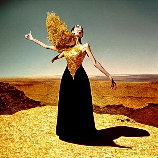 Image similar to salvador dali wearing a golden dress with jewels in a dry rocky desert landscape, visible sky and sunny atmosphere, film still from the movie by alejandro jodorowsky with cinematogrophy of christopher doyle and art direction by hans giger, anamorphic lens, kodakchrome, very detailed photo, 8 k