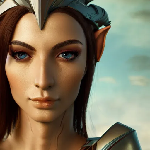 Image similar to portrait of a beautiful female high elf with tan skin, 3 d octane render trending on art station 8 k