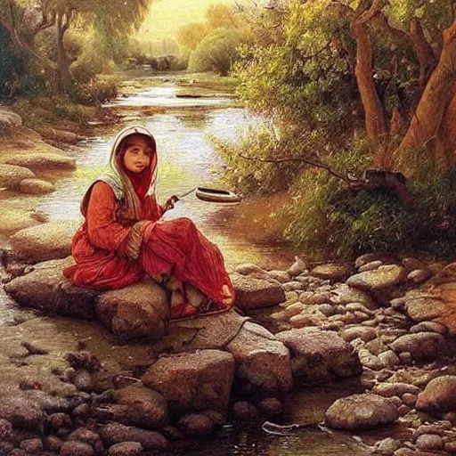 Prompt: beautiful painting by sophie anderson of a beautiful young kurdish girl painting by a river in a kurdish village, she is painting the river, award winning art, insanely detailed