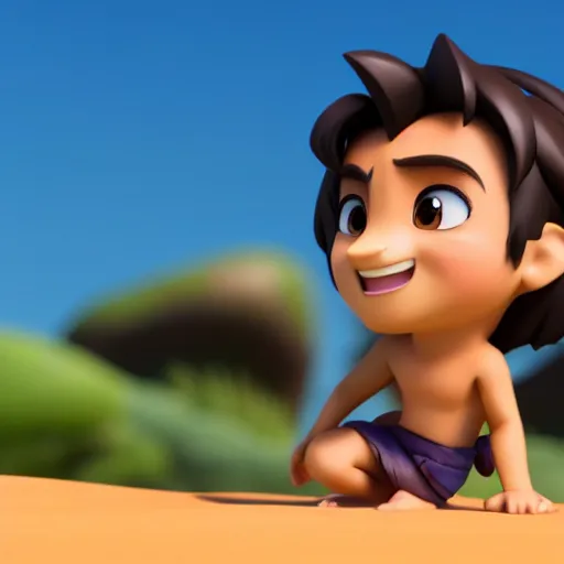 Image similar to profile view of young aladdin as nendoroid walking in a desert in the croods movie style, anime, disney, pixar, 8 k, hd, dof, kodak film, volumetric lighting, subsurface scattering, photorealistic, octane render, details