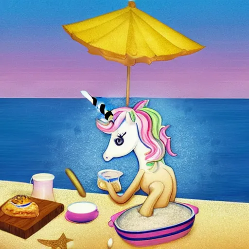 Prompt: a unicorn cooking breakfast on a beach