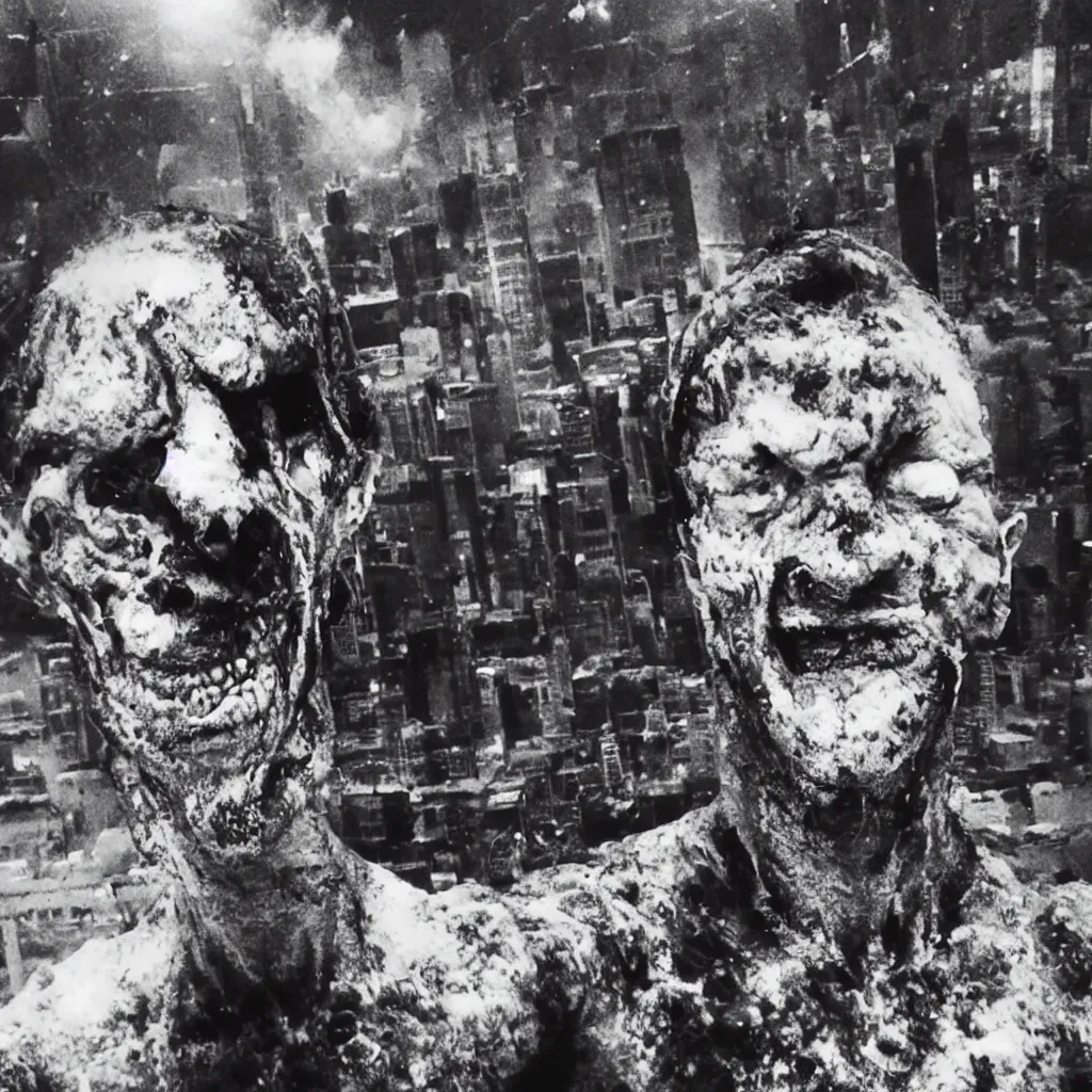 Image similar to last selfie of mutated man before apocalypse, burning nuked city,