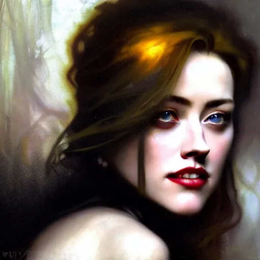 Image similar to hyperrealistic portrait of a woman as amber heard as a vampire witch in a black coat closing a window with a mysterious grin. by jeremy mann and alphonse mucha, fantasy art, photo realistic, dynamic lighting, artstation, poster, volumetric lighting, very detailed faces, 4 k, award winning