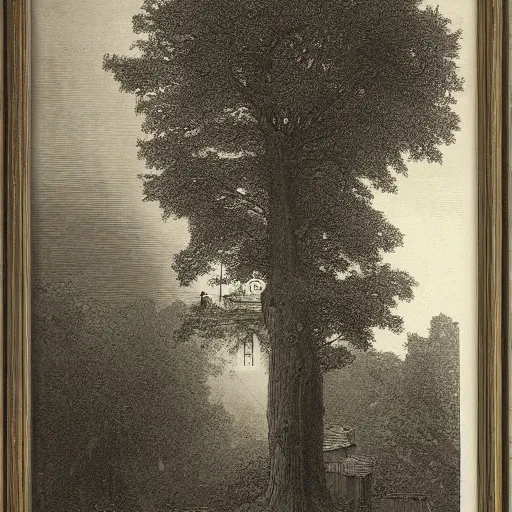 Image similar to roof piercing tree in a chapel, chanting monks, romanticism, by gustave dore, highly detailed