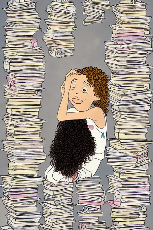 Image similar to a little girl with curly brown hair sits cross legged on top of a tall pile of books. she is reading. clean elegant pretty cartoon painting, beautiful detailed face, soft outlines, storybook illustration.