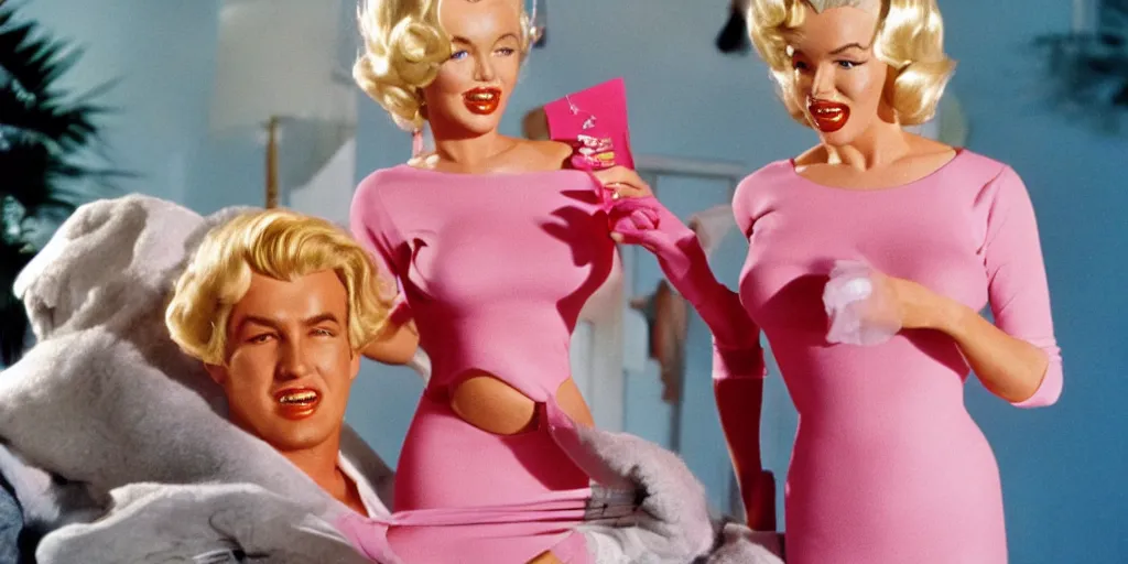 Image similar to Still of Marilyn Monroe as Barbie and Rock Hudson as Ken in the Barbie movie from 1963 set in the big house on Malibu, cinematic in technicolor