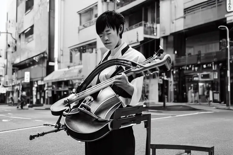 Prompt: still photo of a japanese man playing jazz on the street, black and white color aesthetic, highly detailed, photorealistic portrait, bright studio setting, studio lighting, crisp quality and light reflections, unreal engine 5 quality render