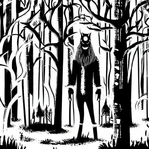 Prompt: night forest scene with lumberjack, illustration in style of hellboy