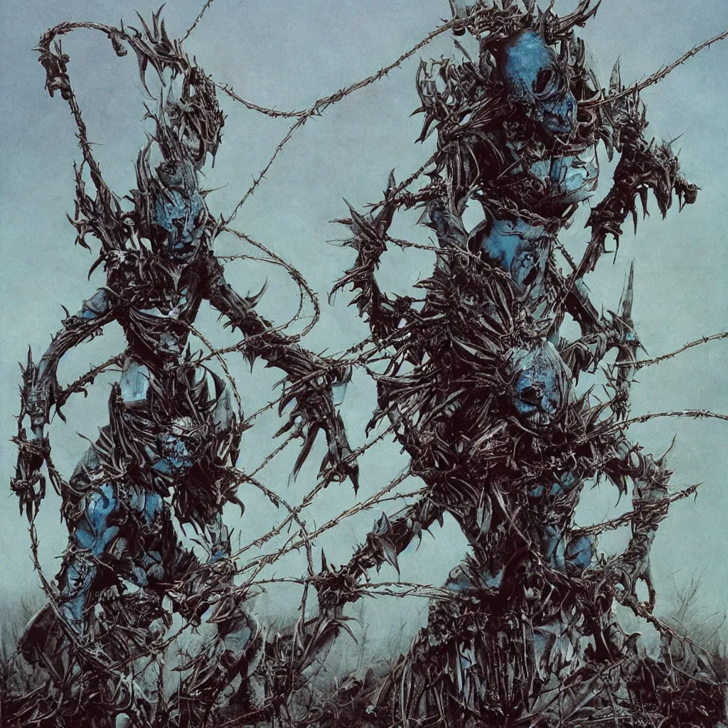 Image similar to A creepy armored horned fanged demon woman with blue scarred skin wrapped in barbed wire. Extremely high detail, realistic, fantasy art, solo, bones, ornate, textured, cgsociety masterpiece, saturated colors, tricate omnious visionary concept art tangled, ripped flesh, art by Zdzisław Beksiński, Arthur Rackham, Dariusz Zawadzki