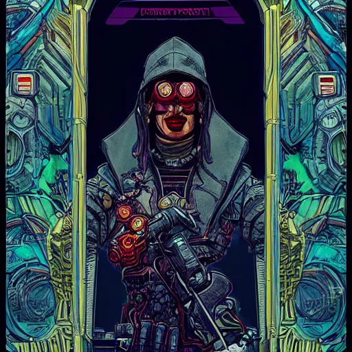 Prompt: cyberpunk corrupt evil priest Symmetrical tarot card artstation, hyperdetailed, tech lighting, artstation by james jean, Moebius style