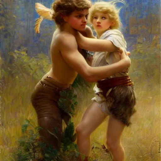 Image similar to a young girl fighting a primal predator, highly detailed painting by gaston bussiere and j. c. leyendecker 8 k