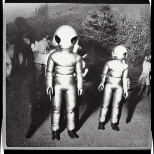 Image similar to really old polaroid photograph of horrorific extraterrestrial beings visiting earth,