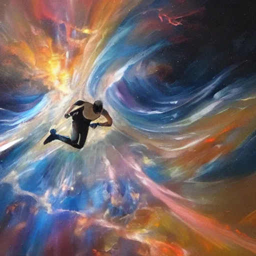 Image similar to a man zooming through the fabric of space, dramatic oil painting, detailed