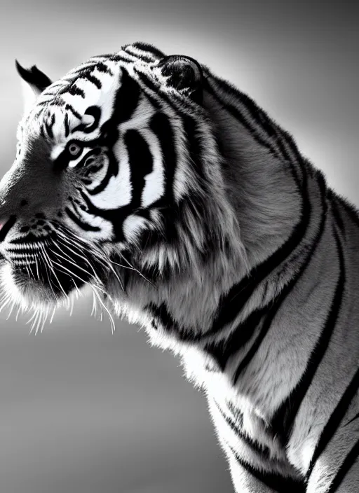 Prompt: two tiger black and white portrait white sky in background